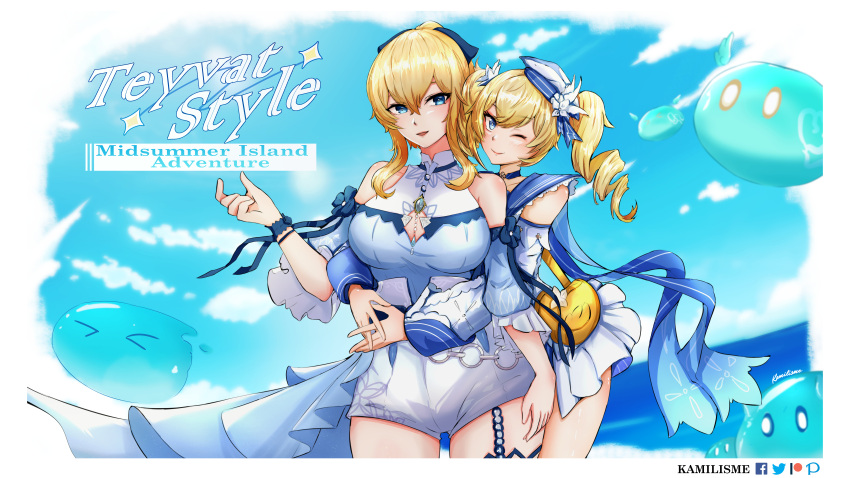 2girls :d ;) absurdres bag bangs barbara_(genshin_impact) barbara_(summertime_sparkle)_(genshin_impact) blonde_hair blue_eyes blue_sky blue_sweater blurry bow bracelet choker cloud cloudy_sky commentary depth_of_field detached_sleeves drill_hair duck_print english_commentary english_text eyebrows_visible_through_hair genshin_impact hair_between_eyes hair_bow hair_ornament hair_ribbon handbag hat highres horizon hug hug_from_behind jean_(genshin_impact) jean_(sea_breeze_dandelion)_(genshin_impact) jewelry kamilisme long_hair long_sleeves multiple_girls ocean one_eye_closed open_mouth ponytail ribbon sidelocks sky slime_(genshin_impact) smile sweater swimsuit twin_drills twintails