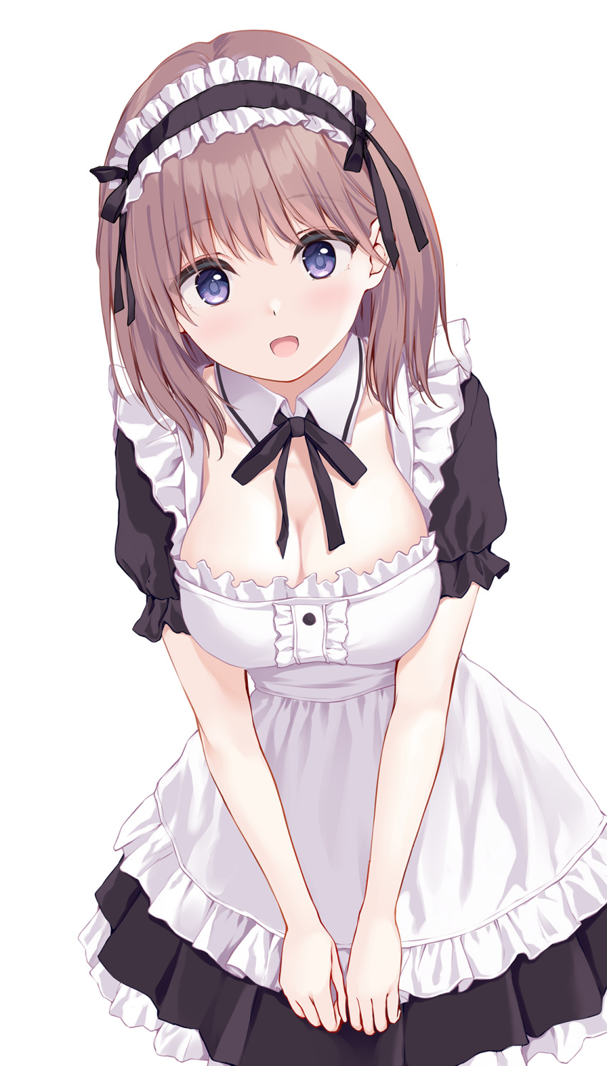 1girl apron bangs black_dress black_ribbon blue_eyes breasts brown_hair center_frills cleavage detached_collar dress eyebrows_visible_through_hair frilled_apron frills highres large_breasts leaning_forward looking_at_viewer maid maid_apron maid_headdress medium_hair open_mouth original pasdar puffy_short_sleeves puffy_sleeves ribbon short_sleeves simple_background solo v_arms white_apron white_background