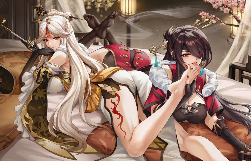 2girls bangs bare_legs barefoot beidou_(genshin_impact) black_gloves black_legwear breasts brown_hair claw_ring commentary_request dress eyebrows_visible_through_hair eyepatch feet feet_up fingerless_gloves foot_worship fur_trim genshin_impact gloves hair_ornament hair_over_one_eye hair_stick highres holding holding_another's_foot holding_pipe indoors kacyu large_breasts leg_tattoo licking licking_foot long_hair looking_at_viewer lying multiple_girls ningguang_(genshin_impact) no_shoes on_bed on_stomach parted_bangs parted_lips pink_nails pipe red_dress red_eyes red_nails revision short_sleeves tattoo thighhighs toenails toes tongue tongue_out very_long_hair white_dress white_hair yuri