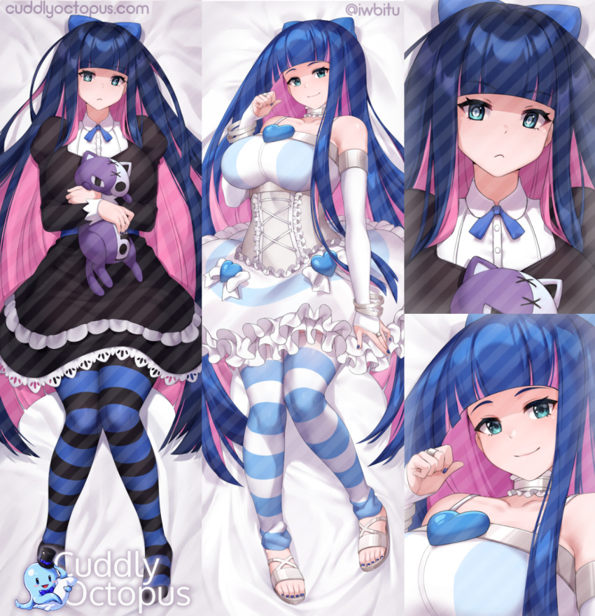 1girl bangs bare_shoulders blue_bow blue_eyes blue_nails blue_ribbon blunt_bangs bow breasts bridal_gauntlets choker collarbone colored_inner_hair cuddly_octopus dakimakura_(medium) elbow_gloves frills gloves hair_bow heart highres iwbitu juliet_sleeves large_breasts long_hair long_sleeves looking_at_viewer lying multicolored_hair multiple_views nail_polish neck_ribbon on_back panty_&amp;_stocking_with_garterbelt puffy_sleeves ribbon sample sandals smile stocking_(psg) striped striped_legwear stuffed_animal stuffed_toy thighhighs toenail_polish toenails twitter_username very_long_hair watermark white_gloves