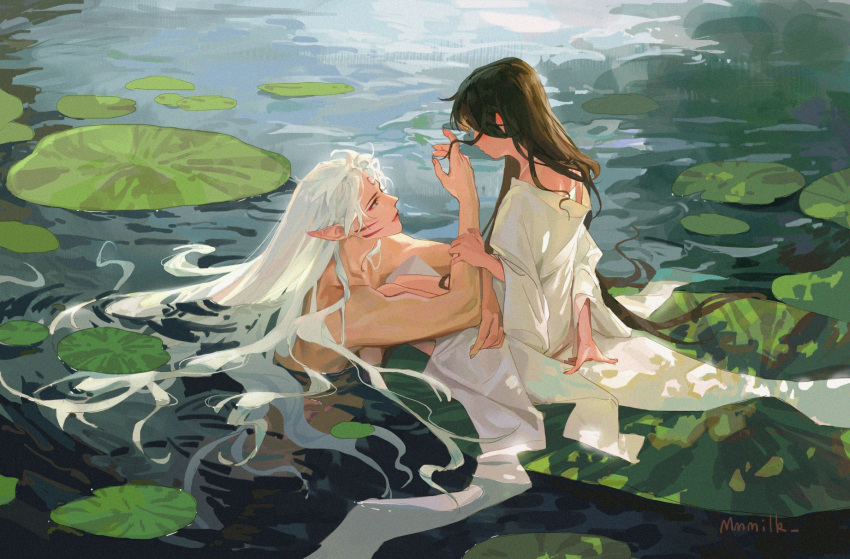 1boy 1girl black_hair blush dress facial_mark highres inuyasha lake lily_pad long_hair looking_at_another merman mmmilk monster_boy playing_with_another's_hair pointy_ears rin_(inuyasha) sesshoumaru topless_male very_long_hair white_dress white_hair