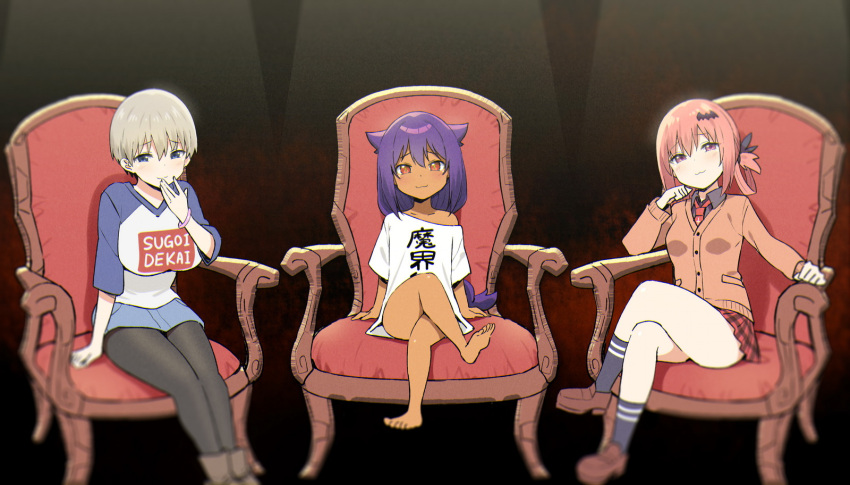 3girls :3 barefoot bat_hair_ornament black_background black_legwear breasts brown_footwear cardigan chair child closed_mouth commentary crossed_legs crossover dark-skinned_female dark_skin eyebrows_visible_through_hair full_body gabriel_dropout grey_hair hair_ornament hair_rings highres jahy jahy-sama_wa_kujikenai! large_breasts long_hair looking_at_viewer multiple_girls on_chair oozora_naomi pantyhose plaid plaid_skirt purple_hair red_eyes red_hair red_skirt satanichia_kurumizawa_mcdowell school_uniform shirt shoes short_hair short_sleeves sitting skirt sky-freedom smile socks sugoi_dekai t-shirt thighs toes uzaki-chan_wa_asobitai! uzaki_hana voice_actor_connection white_shirt