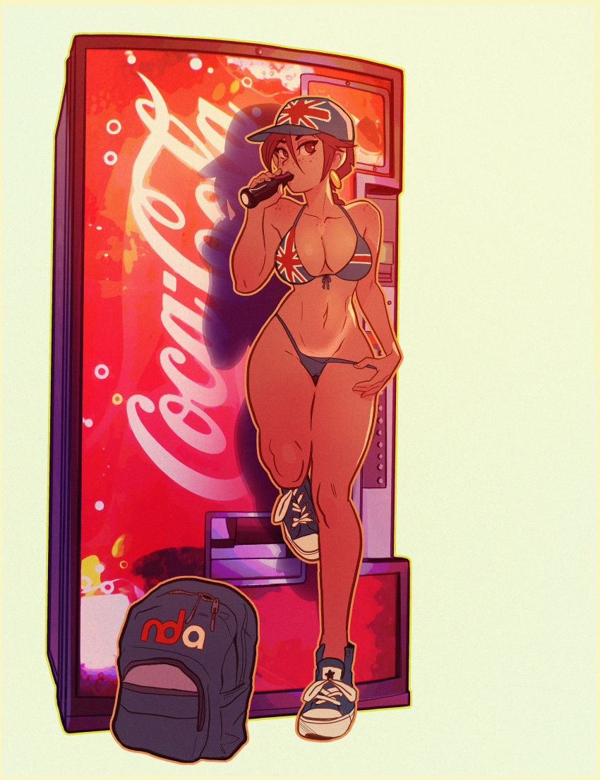 1girl absurdres aubrey_(neal_d._anderson) backpack bag baseball_cap bikini breasts brown_eyes brown_hair coca-cola drinking earrings eyebrows_visible_through_hair freckles full_body hair_between_eyes hat highres jewelry large_breasts looking_at_viewer navel neal_d._anderson original shoes simple_background solo standing swimsuit tan tanlines union_jack union_jack_bikini vending_machine white_background