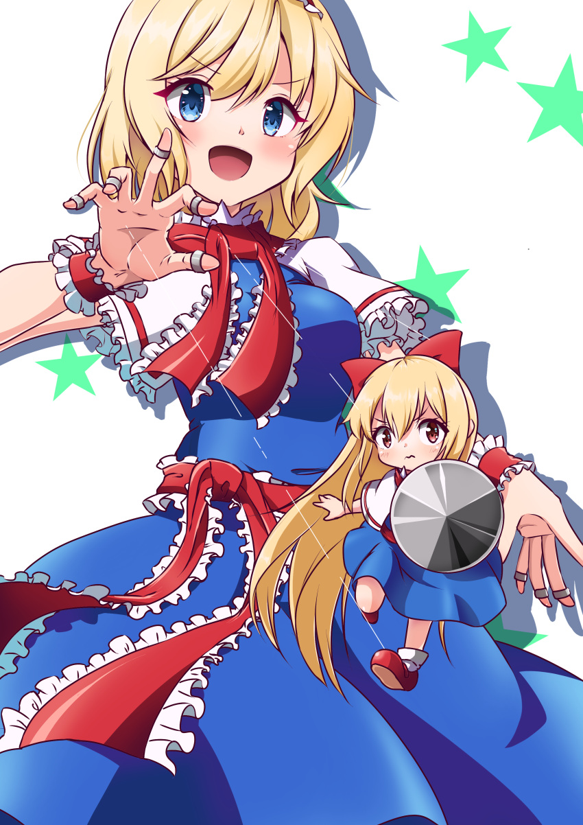 1girl :d absurdres alice_margatroid apron bangs blonde_hair blue_dress blue_eyes blush book bow bowtie breasts capelet closed_mouth commentary cowboy_shot doll dress eyebrows_visible_through_hair grimoire_of_alice hair_between_eyes hair_bow hairband highres jewelry lance looking_at_viewer mary_janes medium_breasts open_mouth polearm red_bow red_bowtie red_footwear red_hairband red_sash ring sash shoes short_hair simple_background smile solo standing string swept_bangs takuman135 touhou weapon white_apron white_capelet wrist_cuffs