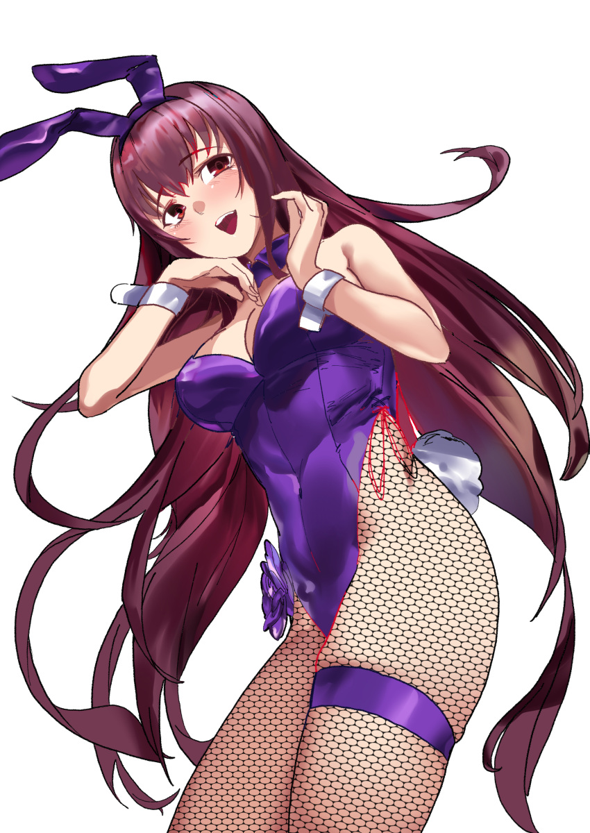 1girl absurdres animal_ears bangs breasts eyebrows_behind_hair eyebrows_visible_through_hair fake_animal_ears fake_tail fate/grand_order fate_(series) fishnet_legwear fishnets hair_between_eyes highres hu_tu leg_belt long_hair looking_at_viewer open_mouth piercing_bunny playboy_bunny purple_eyes purple_hair rabbit_ears rabbit_tail scathach_(fate) simple_background smile solo tail thighhighs white_background wrist_cuffs