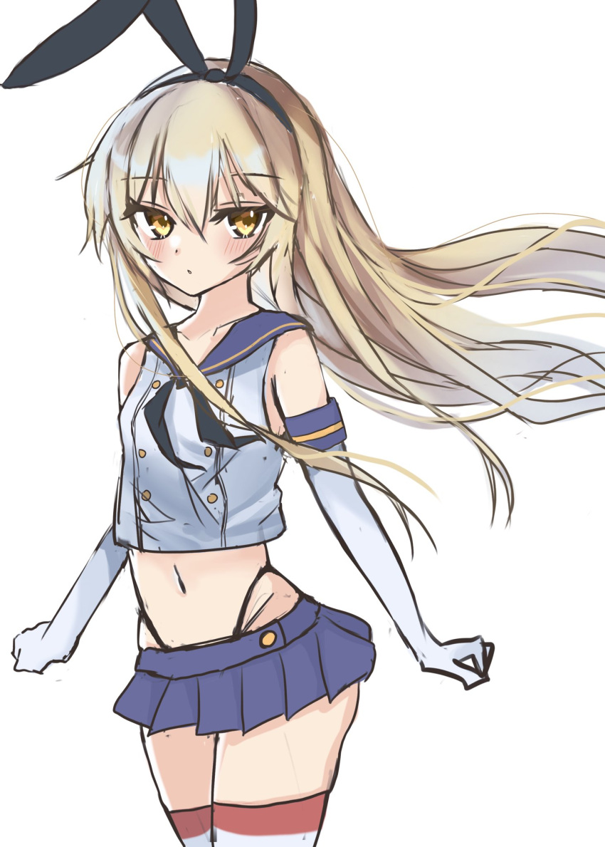 1girl black_hairband black_neckerchief black_panties blonde_hair blue_sailor_collar blue_skirt cowboy_shot crop_top elbow_gloves gloves grey_eyes hairband highleg highleg_panties highres kantai_collection long_hair looking_at_viewer microskirt miniskirt neckerchief one-hour_drawing_challenge panties pleated_skirt sailor_collar shimakaze_(kancolle) simple_background skirt solo standing striped striped_legwear thighhighs underwear white_background white_gloves yoshino_(mfmfpng)