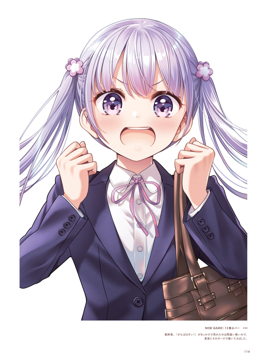 1girl :d bag blazer blush copyright_name dress_shirt hair_ornament handbag highres jacket long_hair long_sleeves looking_at_viewer neck_ribbon new_game! official_art open_mouth page_number pink_ribbon purple_eyes purple_jacket ribbon shiny shiny_hair shirt silver_hair smile solo suzukaze_aoba tokunou_shoutarou twintails upper_body v-shaped_eyebrows very_long_hair white_background white_shirt