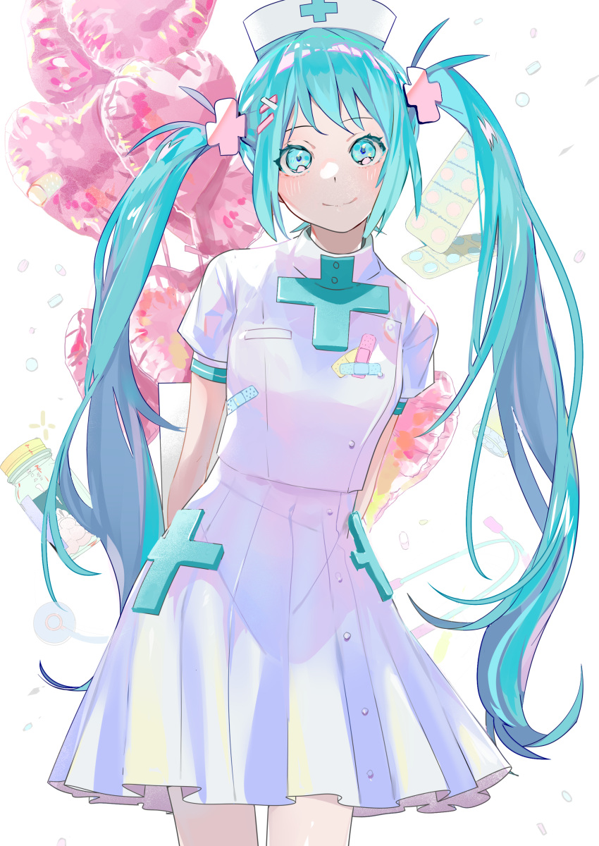 1girl absurdres arms_behind_back balloon bandaid bangs blue_eyes blue_hair blush breasts buttons closed_mouth commentary cowboy_shot cross dress eyebrows_visible_through_hair hair_ornament hairpin hat hatsune_miku higasizora-kai highres jar long_hair looking_at_viewer medicine nurse nurse_cap pill pleated_skirt short_sleeves skirt sleeve_cuffs small_breasts smile solo standing stethoscope twintails very_long_hair vocaloid white_background white_dress x_hair_ornament
