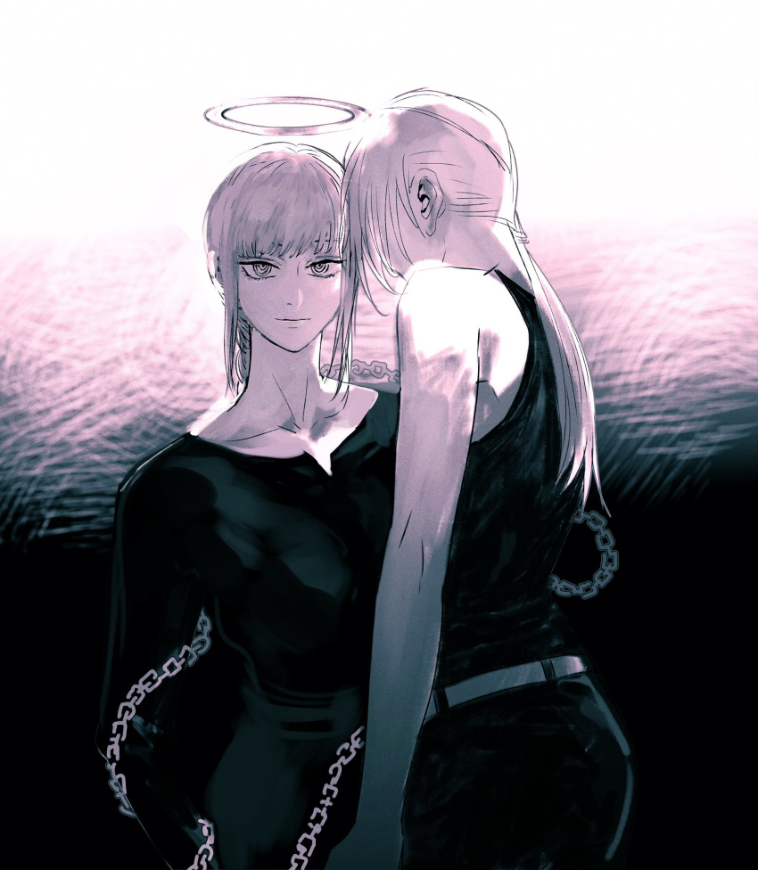 2girls black_dress black_tank_top braid braided_ponytail chain chainsaw_man collarbone couple dress halo height_difference highres light_smile long_dress long_hair looking_at_viewer makima_(chainsaw_man) monochrome multiple_girls ponytail quanxi_(chainsaw_man) ringed_eyes shenshan_laolin shirt sleeveless sleeveless_shirt smile tank_top yuri