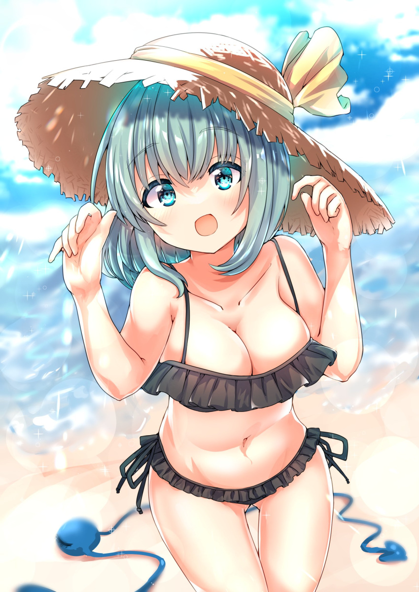 1girl :d absurdres alternate_costume alternate_headwear arms_up bangs bare_shoulders beach black_bra black_panties black_swimsuit blue_sky blush bra breasts cleavage cloud cloudy_sky collarbone commentary_request eyebrows_visible_through_hair frilled_bra frilled_panties frilled_swimsuit frills hat hat_ribbon highres komeiji_koishi large_breasts looking_at_viewer navel ocean open_mouth panties ribbon rpameri short_hair sky smile solo sparkle standing stomach straw_hat string swimsuit thighs third_eye touhou underwear upper_body yellow_ribbon