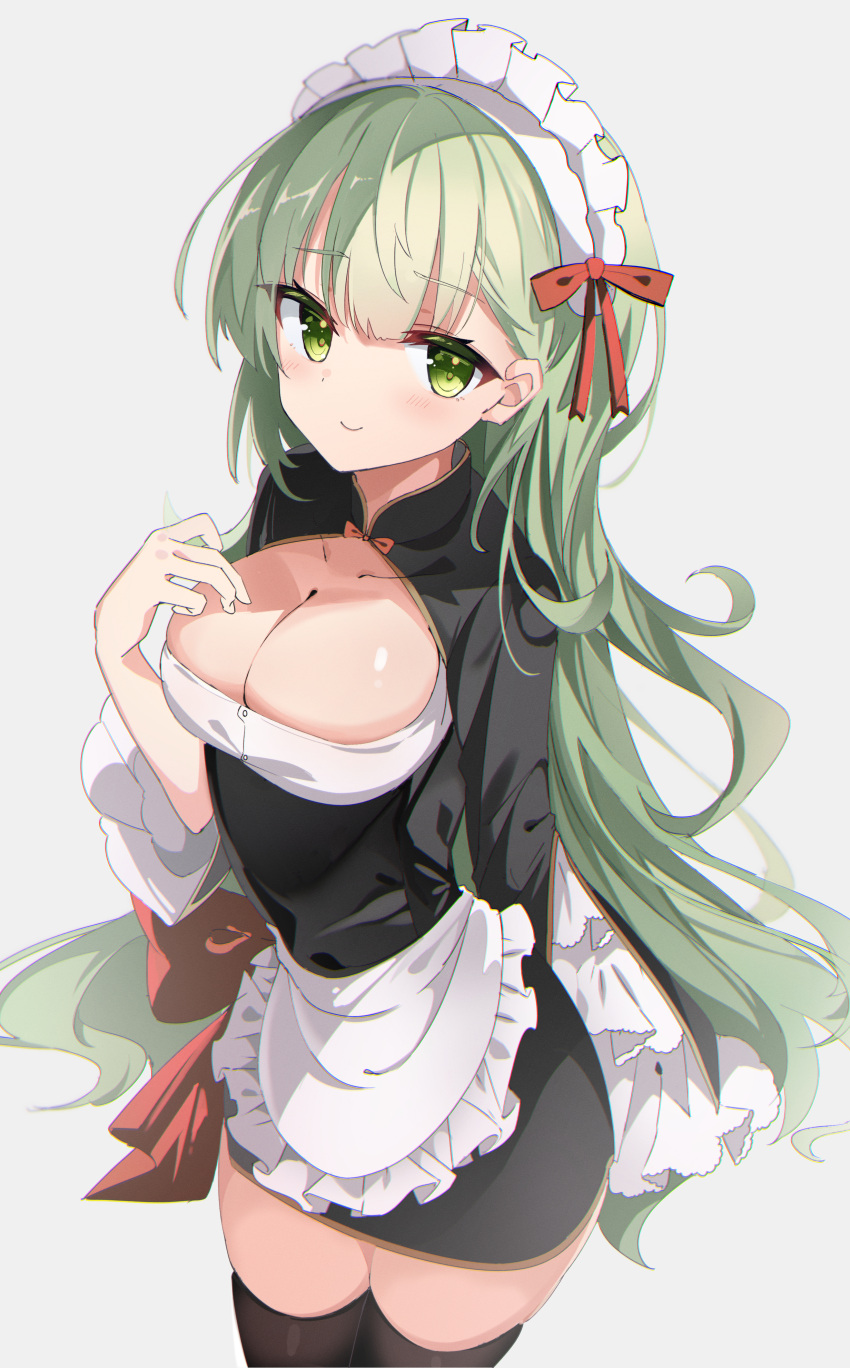 1girl absurdres apron bangs black_legwear blush breasts cleavage cleavage_cutout closed_mouth clothing_cutout eyebrows_visible_through_hair fathom green_eyes green_hair grey_background highres large_breasts long_hair long_sleeves looking_at_viewer maid maid_apron maid_headdress original simple_background smile thighhighs waist_apron zettai_ryouiki