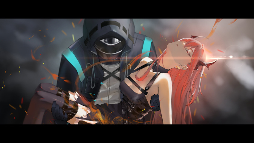 1girl 1other absurdres ambiguous_gender arknights bare_shoulders black_dress breasts carrying cleavage closed_eyes commentary demon_girl demon_horns detached_collar doctor_(arknights) dress fainted gloves highres hood hood_up horns long_hair parted_lips princess_carry red_hair sleeveless sleeveless_dress surtr_(arknights) thighhighs torn_clothes torn_dress unconscious yurusu_delight
