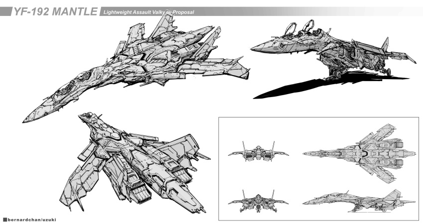 absurdres blueprint canards commentary comparison english_commentary english_text greyscale highres hybrid ink_(medium) landing_gear machinery macross macross_plus mecha monochrome no_humans official_style original science_fiction shadow signature simple_background sketch traditional_media uzuki variable_fighter web_address yf-19 yf-192 yf-21