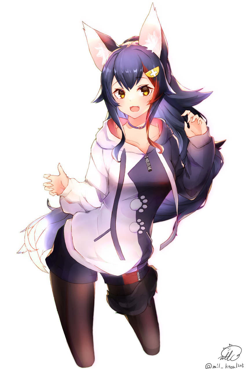 1girl :d absurdres animal_ear_fluff animal_ears black_choker black_hair black_hoodie black_legwear black_shorts breasts choker commentary contrapposto cowboy_shot cropped_legs eyebrows_visible_through_hair fang hair_flaps hair_ornament highres hololive hood hoodie long_hair looking_at_viewer medium_breasts milo1205 multicolored_hair official_alternate_costume ookami_mio open_mouth pantyhose paw_print ponytail red_hair short_shorts shorts sidelocks signature simple_background smile solo standing streaked_hair tail tail_around_leg twitter_username two-tone_hoodie virtual_youtuber white_background white_hair white_hoodie wolf_ears wolf_tail yellow_eyes