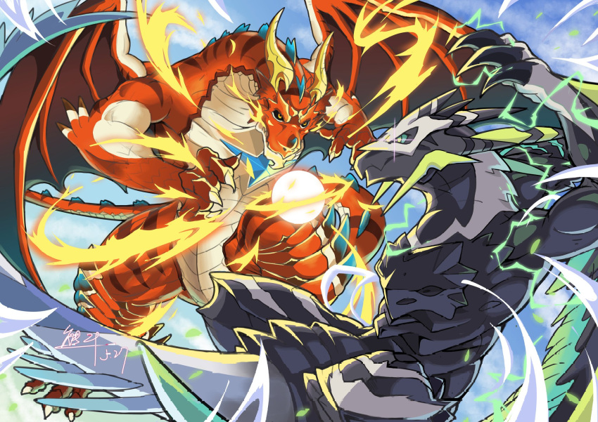 animal_focus aqua_sclera arms_up battle black_sclera blue_sky claws closed_mouth cloud colored_sclera commentary_request day dragon electricity embear_2019 energy_ball eye_contact fire flying glint green_eyes highres horns looking_at_another midair muscular no_humans orange_eyes outdoors red_wings shult_(world_flipper) sky vagner_(world_flipper) wind wings world_flipper