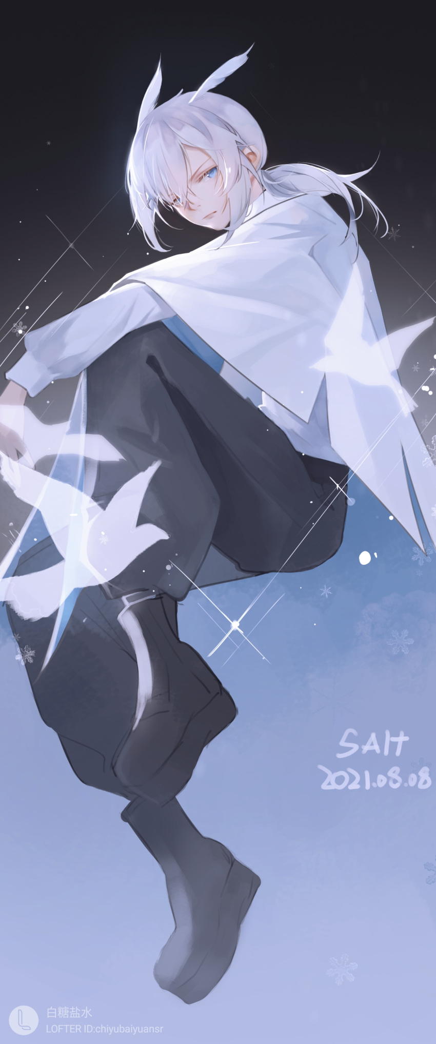 1boy absurdres bird cape dove frown full_body glint highres long_sleeves looking_at_viewer male_focus mimizuku_(sky:_children_of_the_light) ponytail shirt sidelocks sky:_children_of_the_light solo sparkle white_bird white_hair white_shirt