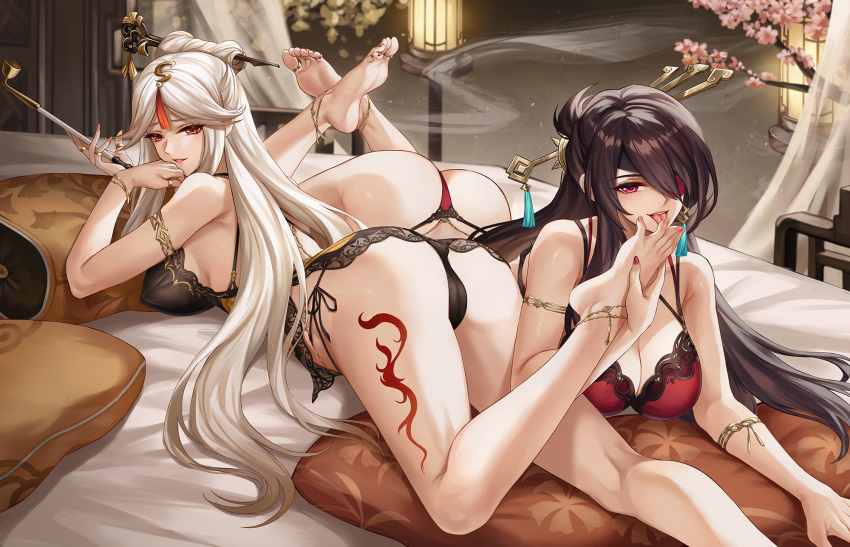 2girls anklet bangs bare_legs barefoot beidou_(genshin_impact) black_legwear black_panties bra breasts brown_hair commentary_request dress eyebrows_visible_through_hair eyepatch feet feet_up foot_worship genshin_impact hair_ornament hair_over_one_eye hair_stick highres holding holding_another's_foot holding_pipe indoors jewelry kacyu large_breasts leg_tattoo licking licking_foot long_hair looking_at_viewer lying multiple_girls multiple_rings ningguang_(genshin_impact) no_shoes on_bed on_stomach panties parted_bangs parted_lips pink_nails pipe red_bra red_eyes red_nails red_panties revision ring short_dress side-tie_panties tattoo thighhighs toe_ring toenails toes tongue tongue_out underwear underwear_only very_long_hair white_hair yuri