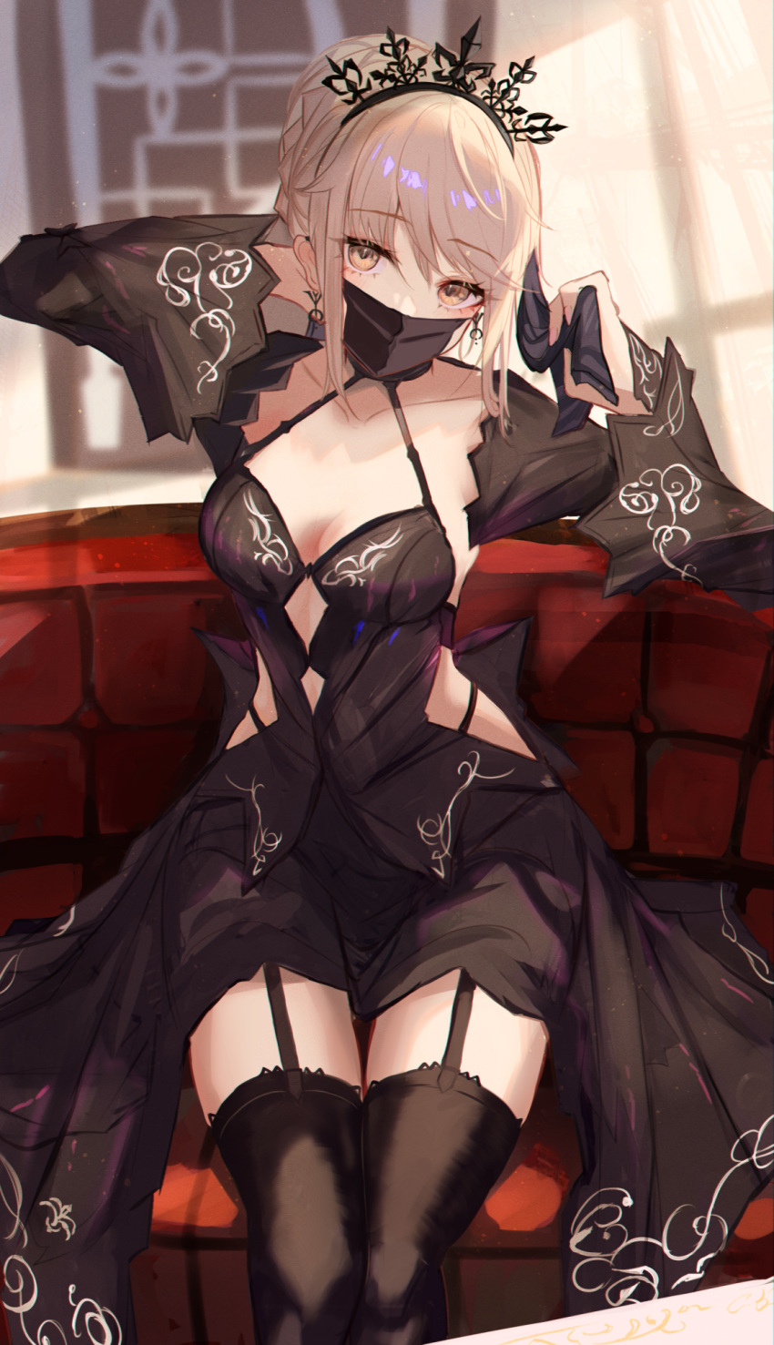 1girl artoria_pendragon_(fate) black_dress black_legwear blonde_hair braid braided_bun breasts commentary dress earrings eyebrows_visible_through_hair fate/grand_order fate_(series) garter_straps hair_bun highres jewelry long_sleeves mask mouth_mask panipo saber_alter sidelocks sitting small_breasts solo thighhighs tiara yellow_eyes