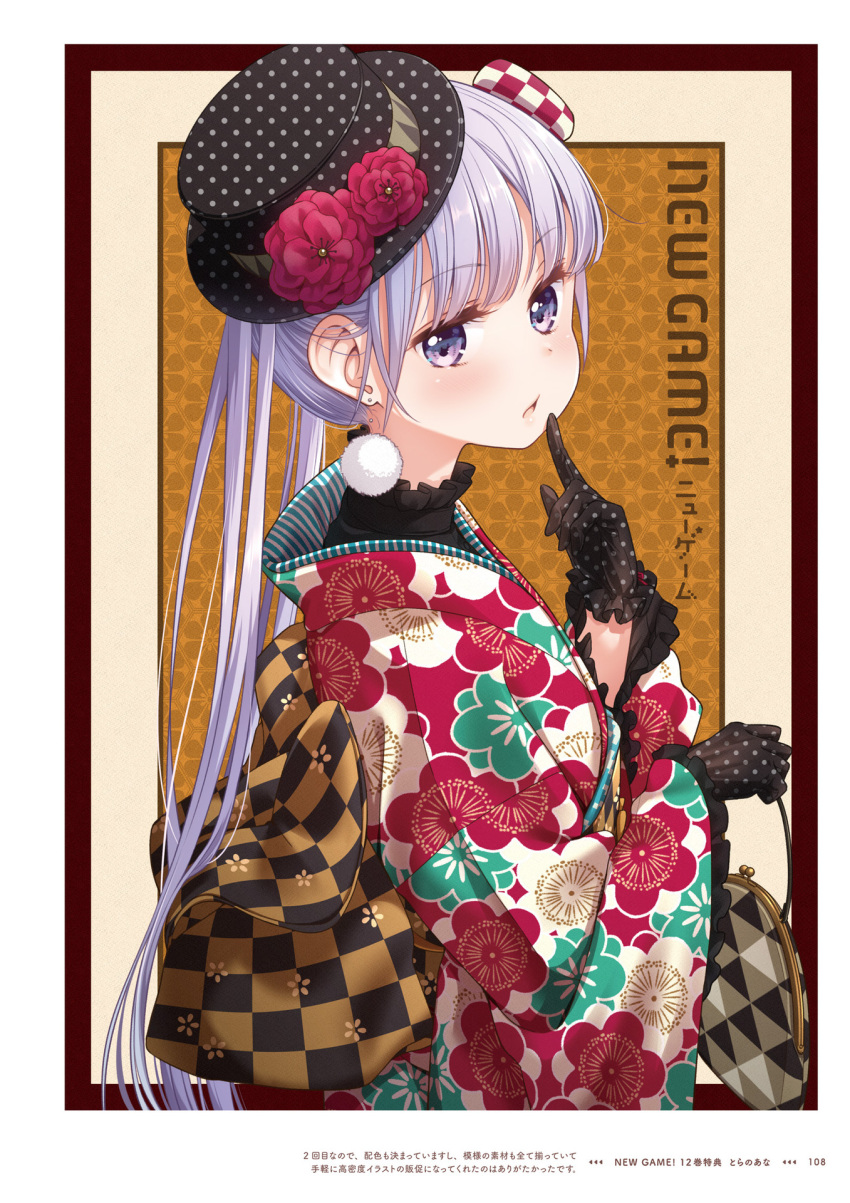 1girl bangs black_gloves black_headwear copyright_name earrings eyebrows_visible_through_hair floral_print flower from_side gloves hat hat_flower highres japanese_clothes jewelry kimono long_hair looking_at_viewer new_game! official_art open_mouth page_number polka_dot_gloves polka_dot_headwear print_kimono purple_eyes red_flower shiny shiny_hair silver_hair solo suzukaze_aoba taishou tokunou_shoutarou twintails upper_body very_long_hair yukata