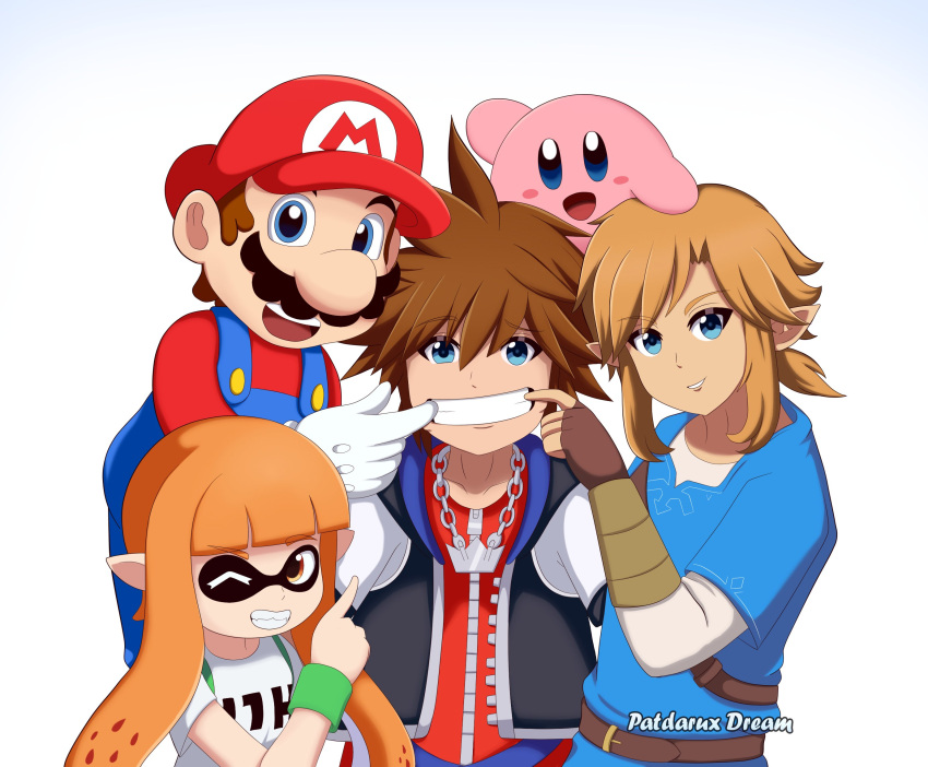 blue_eyes brown_hair facial_hair fang fangs fingerless_gloves gloves highres inkling jewelry kingdom_hearts kirby kirby_(series) link long_hair looking_at_viewer male_focus mario mario_(series) mole mole_under_mouth multiple_boys mustache necklace open_mouth overalls patdarux pointy_ears red_hair short_hair simple_background smile sora_(kingdom_hearts) spiked_hair splatoon_(series) splatoon_1 squid super_mario_bros. super_smash_bros. tentacle_hair the_legend_of_zelda the_legend_of_zelda:_breath_of_the_wild