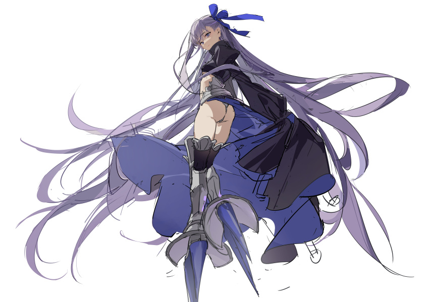 1girl absurdres ass bangs black_jacket blue_bow blue_eyes bow commentary_request eyebrows_visible_through_hair fate/grand_order fate_(series) from_behind full_body hair_bow highres jacket juliet_sleeves long_hair long_sleeves looking_at_viewer looking_back meltryllis_(fate) puffy_sleeves purple_hair simple_background sleeves_past_fingers sleeves_past_wrists solo spikes very_long_hair white_background zhibuji_loom