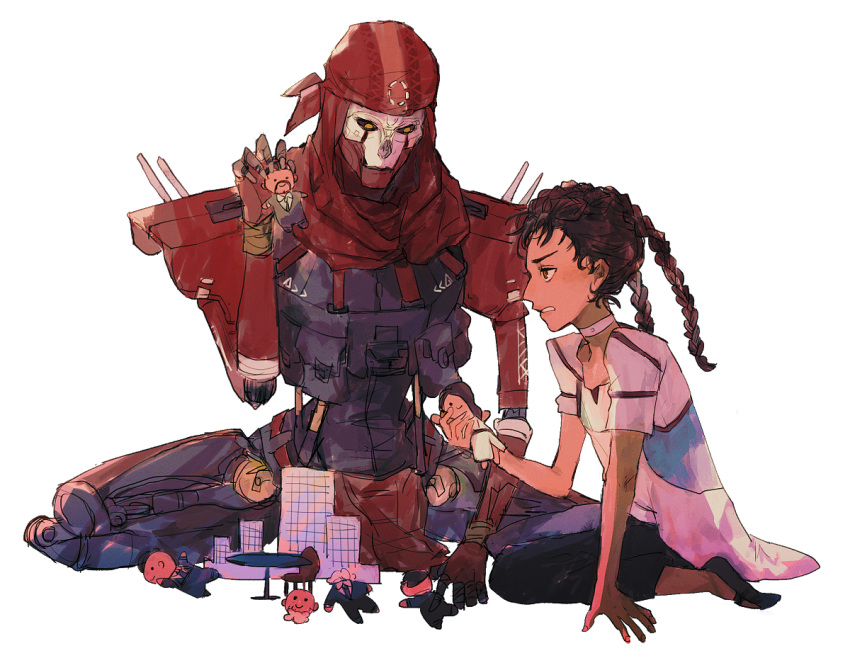 1boy 1girl alanza_andrade apex_legends black_pants black_sclera braid brown_eyes brown_hair colored_sclera doll dress hair_behind_ear holding holding_doll humanoid_robot loba_(apex_legends) marcos_andrade pants piston red_bandana red_scarf revenant_(apex_legends) scarf science_fiction scowl shourou_kanna simulacrum_(titanfall) sitting twin_braids white_dress yellow_eyes younger