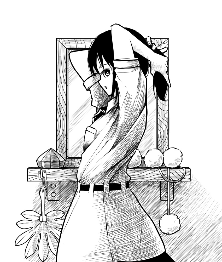 1girl bangs belt black_hair coat cowboy_shot from_side greyscale hand_fan hands_on_own_head hat hat_removed hatching_(texture) hauchiwa headwear_removed high_contrast highres looking_at_viewer looking_to_the_side mirror monochrome peroponesosu. pom_pom_(clothes) ponytail shameimaru_aya short_hair short_sleeves sideways_glance solo tokin_hat touhou tying_hair