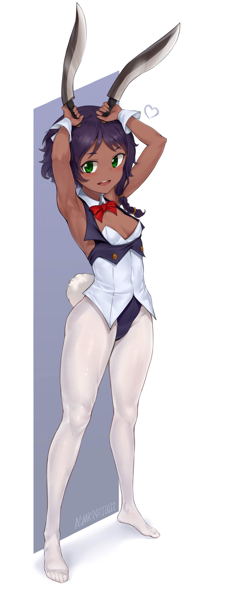 1girl absurdres alice_gear_aegis aomoro armpits arms_up bangs blush bow bowtie braid breasts commentary_request dark-skinned_female dark_skin dated detached_collar eyebrows_visible_through_hair feet full_body green_eyes heart highres holding holding_knife knife kukri leotard long_hair long_legs looking_away no_shoes open_mouth pantyhose playboy_bunny purple_hair rabbit_tail red_bow red_bowtie shanti_rana signature single_braid small_breasts smile solo standing tail teeth toes upper_teeth white_legwear white_leotard wrist_cuffs