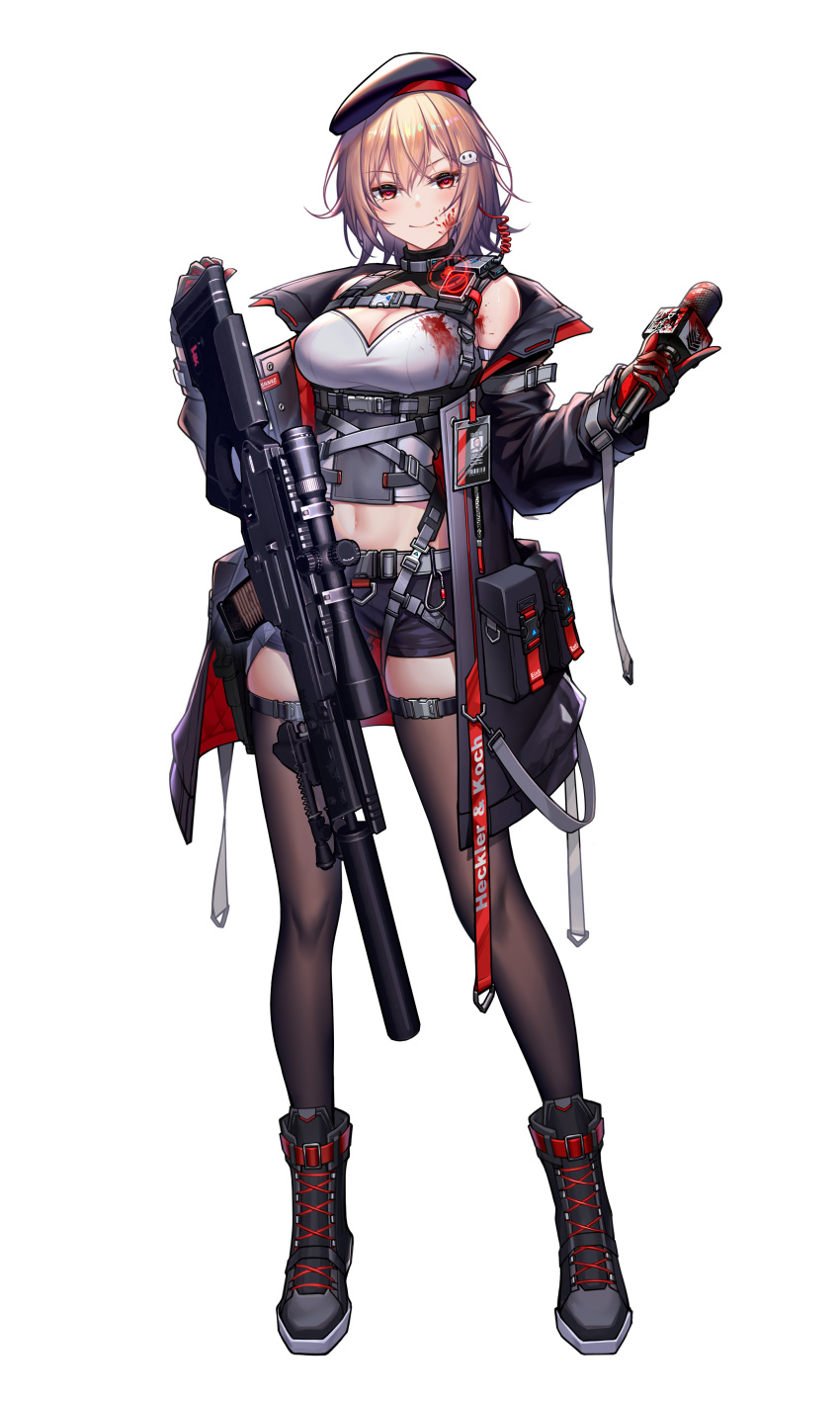 1girl absurdres belt beret black_footwear black_gloves black_jacket black_legwear black_shorts blood blood_on_clothes blood_on_face boots breasts character_request chinese_commentary cleavage closed_mouth commentary_request eyebrows_visible_through_hair full_body girls'_frontline gloves gun h&amp;k_sl8 hair_ornament hairclip hat headphones highres holding holding_gun holding_microphone holding_weapon jacket looking_at_viewer medium_breasts medium_hair microphone navel open_clothes open_jacket original pink_hair red_eyes rifle san_ka shirt shorts smile sniper_rifle solo standing thighhighs weapon white_background white_shirt