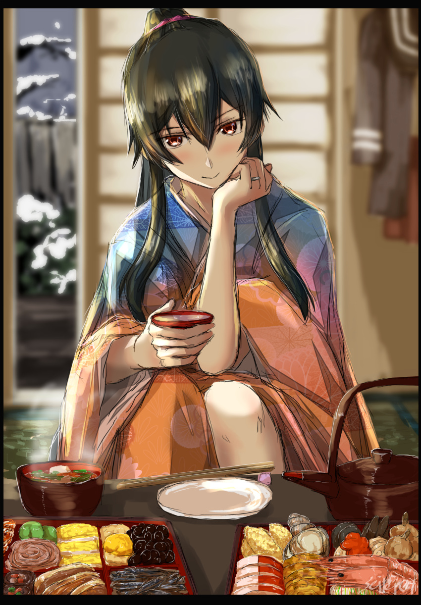 1girl bento black_hair black_sailor_collar black_shirt blush bush closed_mouth commentary_request cup eyebrows_visible_through_hair fish food_request hair_between_eyes hand_on_own_face hanging highres holding japanese_clothes jewelry kantai_collection kettle kimono long_hair long_sleeves miso_soup multicolored_clothes multicolored_kimono omelet open_door pink_scrunchie plate pleated_skirt ponytail pork red_eyes red_skirt ring sailor_collar sailor_shirt scrunchie seitei_(04seitei) shirt shrimp sidelocks sitting skirt smile snow solo tamagoyaki tea tree twitter_username wedding_band wedding_ring yahagi_(kancolle)