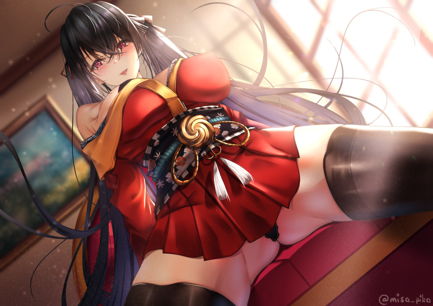 1girl :d absurdres ahoge ass_visible_through_thighs azur_lane bangs black_hair black_legwear black_panties blush breasts couch crossed_bangs dutch_angle hair_between_eyes hair_ribbon highres japanese_clothes kimono kimono_skirt large_breasts lipgloss long_hair miniskirt misa_pika obi off-shoulder_kimono on_couch open_mouth panties pantyshot picture_(object) picture_frame pleated_skirt red_eyes red_ribbon red_skirt ribbon sash sitting skirt smile solo spread_legs sunlight taihou_(azur_lane) thighhighs thighs twintails twitter_username underwear very_long_hair window