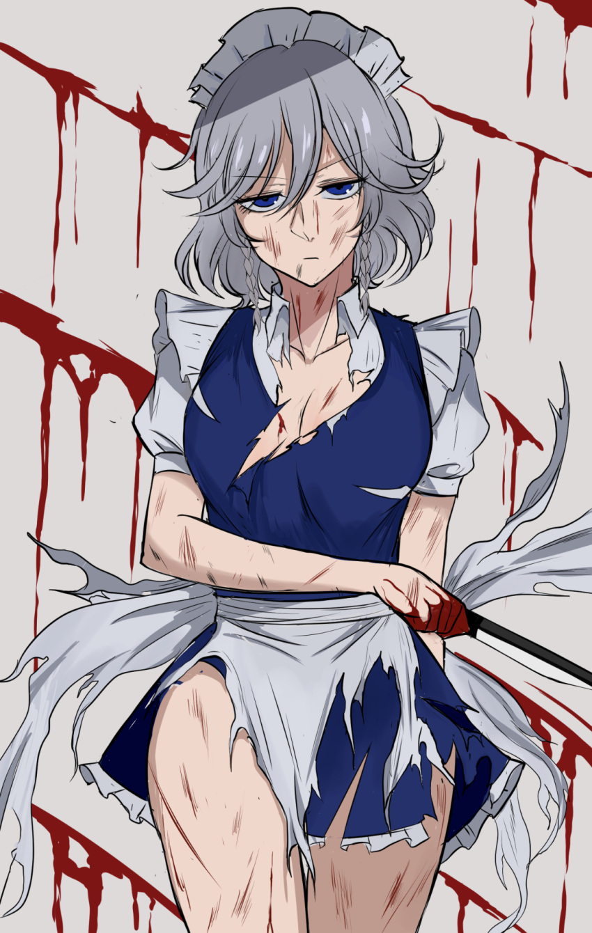 1girl :| bangs blood blood_on_clothes blood_on_face blood_on_hands blood_splatter blue_eyes braid breasts cleavage closed_mouth collared_shirt dripping expressionless eyebrows_visible_through_hair highres holding holding_knife injury izayoi_sakuya knife looking_at_viewer maid maid_headdress medium_breasts puffy_short_sleeves puffy_sleeves sash shirt short_sleeves silver_hair solo soregashi_(nobuyoshi-numa2) standing thighs torn_apron torn_clothes touhou twin_braids white_sash wing_collar