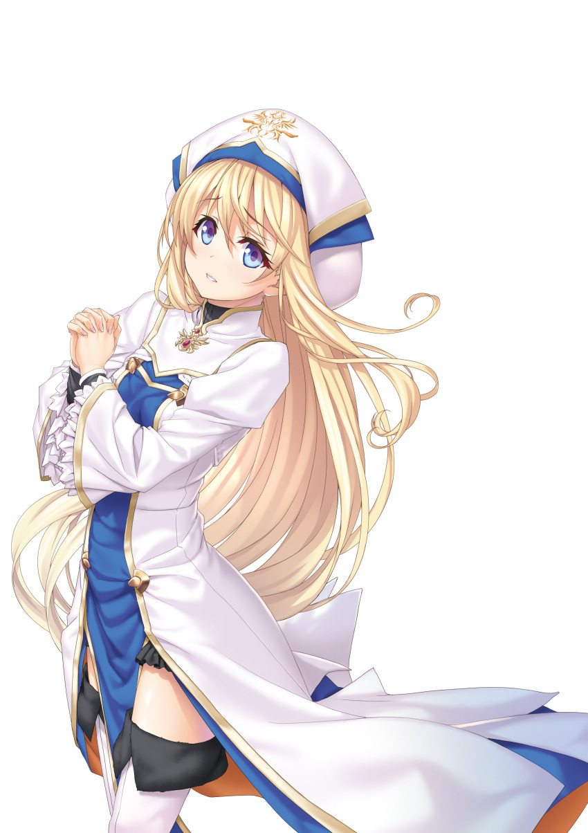 1girl absurdres bangs blonde_hair blue_eyes boots breasts brooch collared_dress commentary_request dress eyebrows_visible_through_hair floating_hair frilled_sleeves frills fur_trim ga_bunko goblin_slayer! gold_trim hat highres jewelry kannatsuki_noboru long_hair long_sleeves looking_at_viewer looking_to_the_side multicolored_clothes multicolored_headwear novel_illustration official_art own_hands_clasped own_hands_together parted_lips priestess_(goblin_slayer!) second-party_source simple_background small_breasts solo standing star_(symbol) thigh_boots thighhighs very_long_hair white_background white_dress white_headwear white_legwear