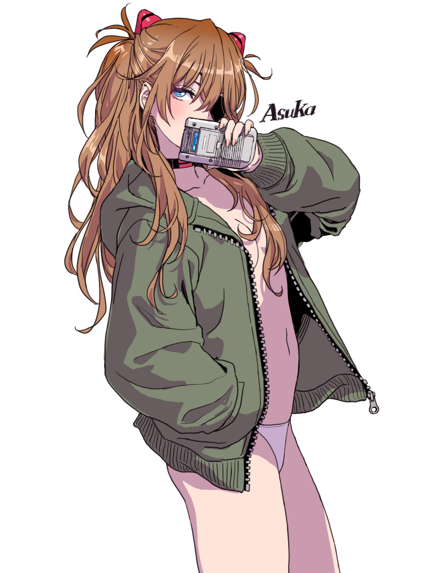 1girl absurdres blue_eyes blush breasts brown_hair character_name cleavage commentary cowboy_shot evangelion:_3.0+1.0_thrice_upon_a_time eyepatch game_boy green_jacket hair_ornament hand_in_pocket handheld_game_console highres holding hood hood_down hooded_jacket jacket long_hair long_sleeves looking_at_viewer navel neon_genesis_evangelion no_bra one_eye_covered open_clothes open_jacket panties rebuild_of_evangelion simple_background small_breasts solo souryuu_asuka_langley two_side_up underwear unzipped white_background white_panties yamashita_shun'ya zipper_pull_tab