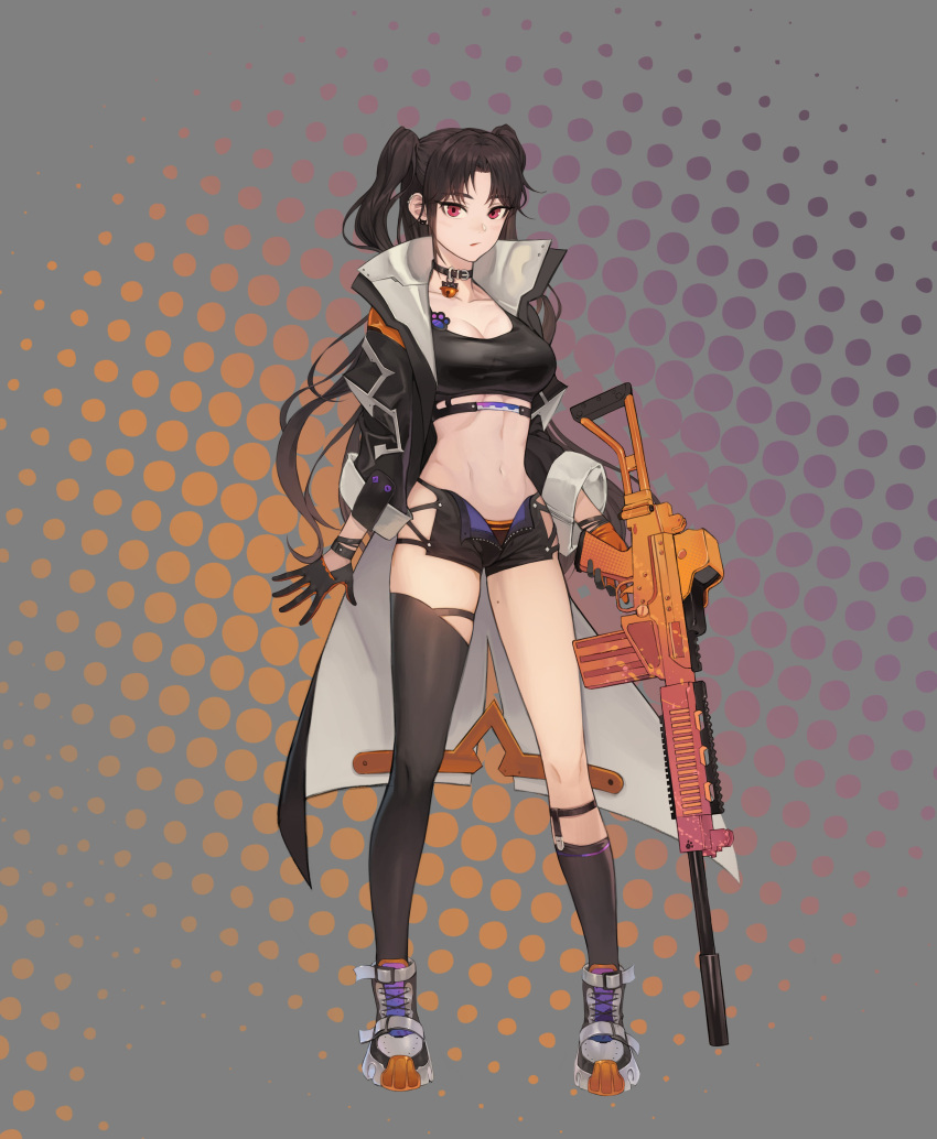 1girl absurdres asymmetrical_legwear battle_rifle bell black_choker black_coat black_gloves black_hair black_legwear black_shirt black_shorts breasts choker coat collarbone commentary_request crop_top ear_piercing fn_fal full_body gloves gun highres hip_vent holding holding_gun holding_weapon jingle_bell kirr_rr kneehighs large_breasts long_hair looking_at_viewer micro_shorts midriff mole mole_on_thigh navel nero_(shirone) open_clothes open_coat open_fly orange_panties original panties piercing red_eyes revealing_clothes rifle shirt shoes short_shorts shorts single_kneehigh single_thighhigh skindentation sneakers solo standing stomach taut_clothes taut_shirt thighhighs thighs two_side_up underwear very_long_hair wavy_hair weapon