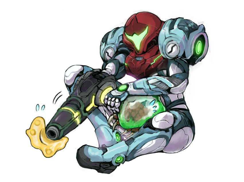 1girl arm_cannon armor flying_sweatdrops gun helmet highres hug looking_at_viewer metroid metroid_(creature) metroid_dread power_armor power_suit samus_aran satomura_kyou simple_background solo weapon white_background x_parasite