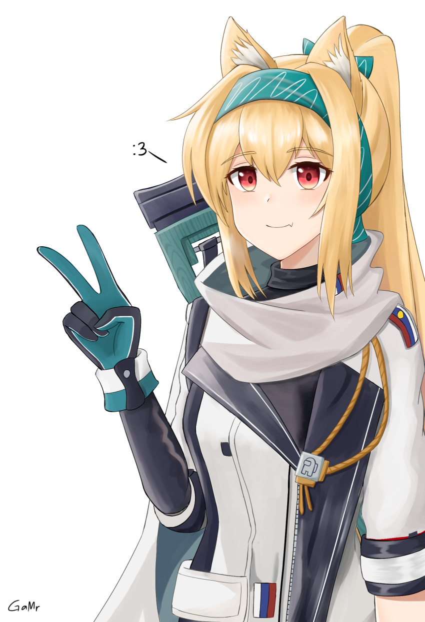 1girl :3 among_us animal_ear_fluff animal_ears arknights artist_name black_bodysuit blonde_hair bodysuit bolt_action bow cat_ears closed_mouth crewmate_(among_us) eyebrows_visible_through_hair fang fang_out gamryous girls'_frontline gloves green_bow green_hairband gun hair_bow hairband highres jacket light_blush long_hair looking_at_viewer mod3_(girls'_frontline) multicolored_clothes multicolored_gloves ponytail red_eyes rifle russian_flag scarf simple_background skin_fang smile sniper_rifle solo sora_(arknights) sv-98 sv-98_(girls'_frontline) turtleneck upper_body v weapon white_background white_jacket white_scarf
