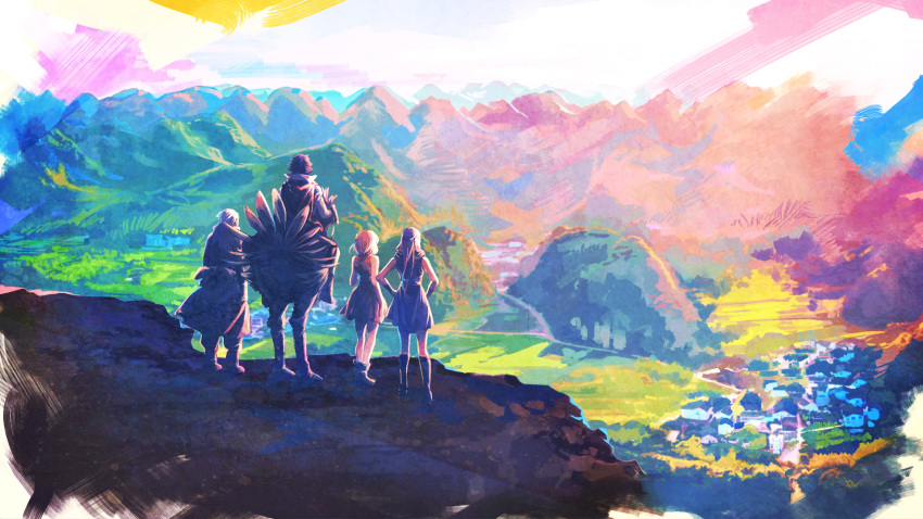 2boys 2girls blue_sky boco brown_hair butz_klauser chocobo cliff cloud commentary_request faris_scherwiz feathers ff14yonah final_fantasy final_fantasy_v galuf_halm_baldesion grass grey_hair highres house lenna_charlotte_tycoon looking_afar mountain multiple_boys multiple_girls outdoors painting_(medium) pink_hair purple_hair sky sunlight town traditional_media tree village