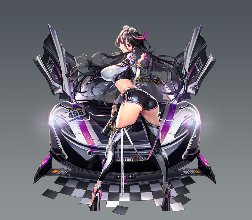 1girl ass black_hair black_shorts breasts checkered checkered_floor clothing_cutout crop_top destiny_child eyewear_on_head fingernails glasses high_heels highres large_breasts lips looking_at_viewer looking_back multicolored_hair nail_polish navel navel_cutout pink_hair punc_p purple_eyes race_queen race_vehicle short_shorts shorts skindentation thick_thighs thighhighs thighs turning_head wallet zephyrus_(destiny_child)