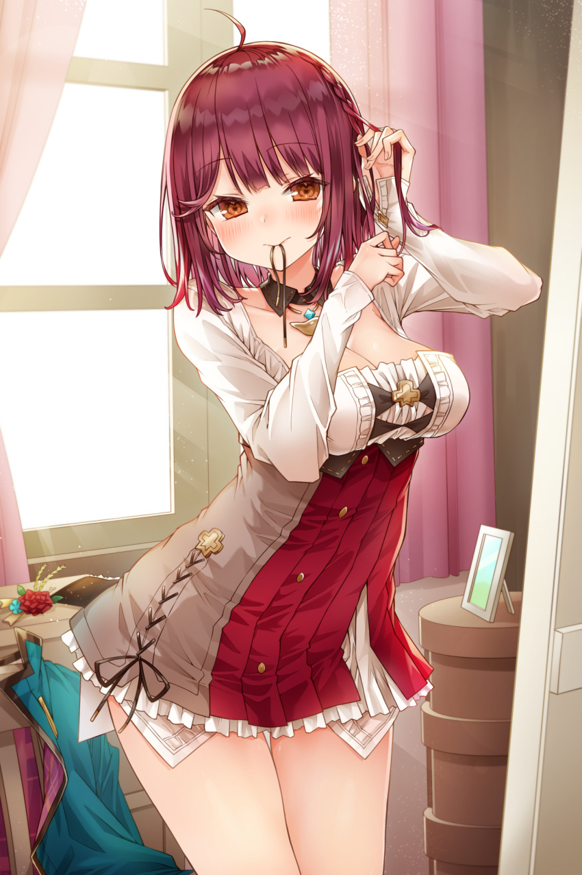 1girl alt_(ctrldel) atelier_(series) atelier_sophie blush braiding_hair breasts brown_eyes cleavage commentary_request cowboy_shot detached_collar dress facing_viewer frilled_dress frills hairdressing highres hip_focus indoors jacket jacket_removed jewelry leaning_forward looking_at_viewer medium_breasts medium_hair mouth_hold necklace orange_eyes red_hair smile sophie_neuenmuller thighs tying_hair