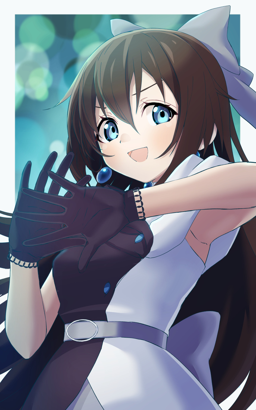 1girl absurdres armpits bangs belt black_gloves blue_eyes bow brown_hair dress drop_earrings earrings evening_gown gloves grey_belt hair_bow highres huge_bow idol_clothes jewelry lace lace_gloves long_hair looking_at_viewer love_live! love_live!_nijigasaki_high_school_idol_club makimaki open_mouth ousaka_shizuku sleeveless sleeveless_dress smile solitude_rain_(love_live!) solo two-tone_dress upper_body white_bow