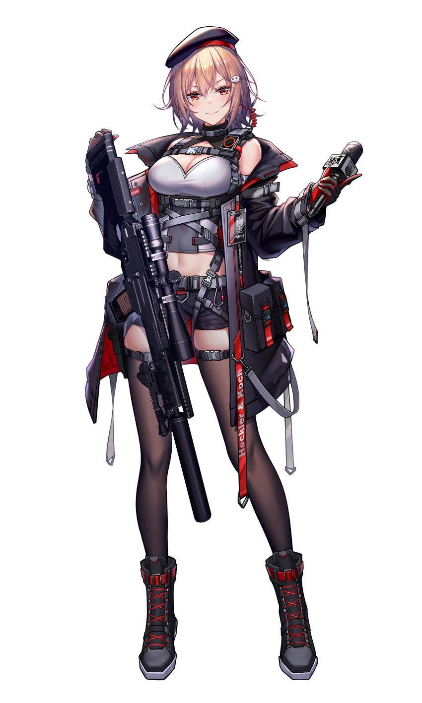1girl absurdres belt beret black_footwear black_gloves black_jacket black_legwear black_shorts boots breasts character_request chinese_commentary cleavage closed_mouth commentary_request eyebrows_visible_through_hair full_body girls'_frontline gloves gun h&amp;k_sl8 hair_ornament hairclip hat headphones heckler_&amp;_koch highres holding holding_gun holding_microphone holding_weapon jacket looking_at_viewer medium_breasts medium_hair microphone navel open_clothes open_jacket original pink_hair red_eyes rifle san_ka shirt shorts smile sniper_rifle solo standing thighhighs weapon white_background white_shirt