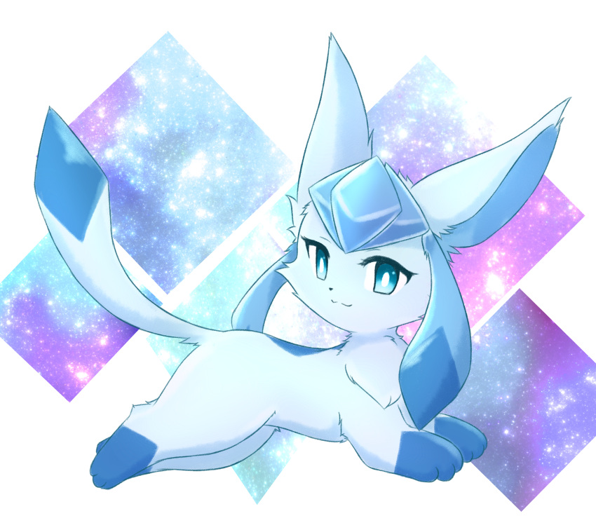 :3 animal_focus bangs blue_eyes blue_hair bright_pupils closed_mouth commentary diamond_(shape) english_commentary from_side full_body glaceon happy highres kryztar long_hair looking_at_viewer lying no_humans on_stomach pokemon pokemon_(creature) smile solo split_mouth twintails white_pupils