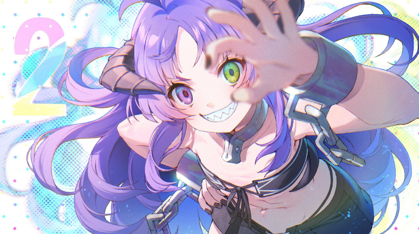 1girl bare_shoulders black_nails broken broken_chain chain chained_wrists flat_chest green_eyes grin hand_gesture heterochromia highres horns kishirika_kishirisu looking_at_viewer midriff mushoku_tensei navel purple_eyes purple_hair sharp_teeth shirotaka_(5choume) shorts smile solo strapless teeth tube_top white_background wrist_cuffs