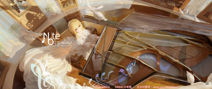 1girl ahoge animal artist_name background_text bangs bare_shoulders bench bird bird_on_intrument bird_on_piano blonde_hair blunt_bangs book bookshelf breasts bride chinese_commentary chinese_text cleavage closed_mouth clothes_pull collarbone commentary commentary_request curtains dated day dove dress dress_pull english_commentary english_text eyebrows floor flower flying frilled_dress frilled_sleeves frills from_above genshin_impact grand_piano hair_flower hair_ornament hair_over_shoulder head_tilt highres holding holding_flower indoors instrument jewelry light_rays long_dress long_sleeves looking_at_viewer lumine_(genshin_impact) medium_breasts medium_hair music musical_note necklace off-shoulder_dress off_shoulder painting_(object) partial_commentary pendant piano piano_bench pigeon pixiv_id playing playing_instrument portrait_(object) puffy_dress see-through see-through_sleeves short_hair_with_long_locks sidelocks sitting smile solid_eyes solo standing sunlight translation_request veil wall wboss white_bird white_dress window yellow_eyes yellow_flower