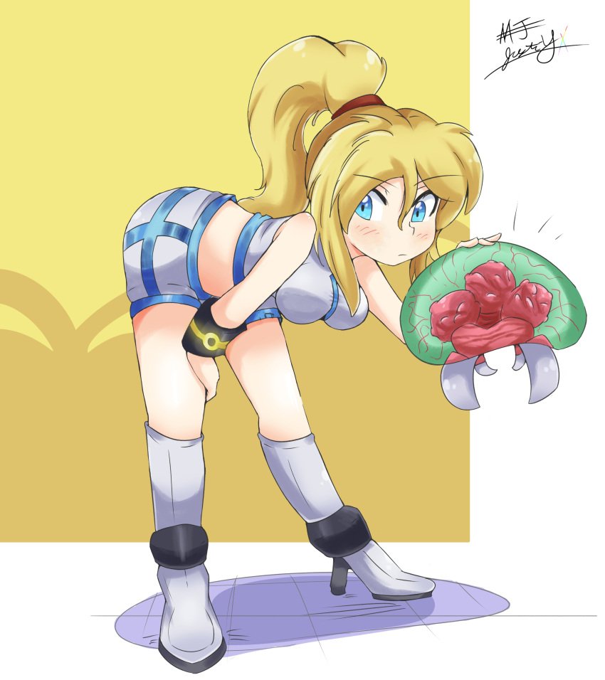 1girl absurdres ass bangs blonde_hair blue_eyes blush breasts crop_top high_heels highres long_hair looking_at_viewer metroid metroid_(creature) metroid_dread mole mole_under_mouth ponytail samus_aran shorts simple_background solo sports_bra yamagiwajustin