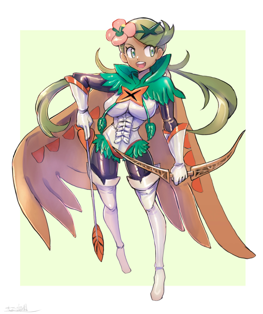 1girl :d alternate_costume arrow_(projectile) bangs bodysuit bodysuit_under_clothes boots bow_(weapon) breasts commentary_request cosplay decidueye decidueye_(cosplay) floating_hair flower full_body gloves green_eyes green_hair hair_flower hair_ornament highres holding holding_arrow holding_bow_(weapon) holding_weapon leotard long_hair looking_to_the_side mallow_(pokemon) oomasa_teikoku open_mouth pink_flower pokemon pokemon_(game) pokemon_sm skin_tight smile solo swept_bangs teeth thigh_boots thighhighs tongue twintails upper_teeth weapon white_footwear white_gloves white_leotard