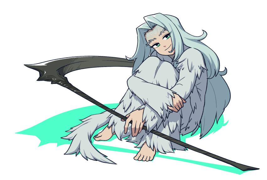 1girl barefoot commentary commission dark_souls_(series) dark_souls_i dragon_girl dress english_commentary fur green_eyes highres horns long_hair looking_at_viewer monochrome monster_girl priscilla_the_crossbreed scythe simple_background slit_pupils smile solo tail vibrantrida weapon white_hair yellow_eyes