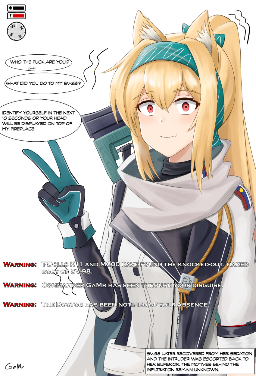 1girl among_us animal_ear_fluff animal_ears arknights artist_name black_bodysuit blonde_hair bodysuit bolt_action bow cat_ears closed_mouth crewmate_(among_us) english_text eyebrows_visible_through_hair fang gamryous girls'_frontline gloves green_bow green_hairband gun hair_bow hairband health_bar highres hitman_(game) jacket light_blush long_hair looking_at_viewer mod3_(girls'_frontline) multicolored_clothes multicolored_gloves ponytail red_eyes rifle russian_flag sanpaku scarf simple_background skin_fang sniper_rifle solo sora_(arknights) sv-98 sv-98_(girls'_frontline) turtleneck upper_body v weapon white_background white_jacket white_scarf