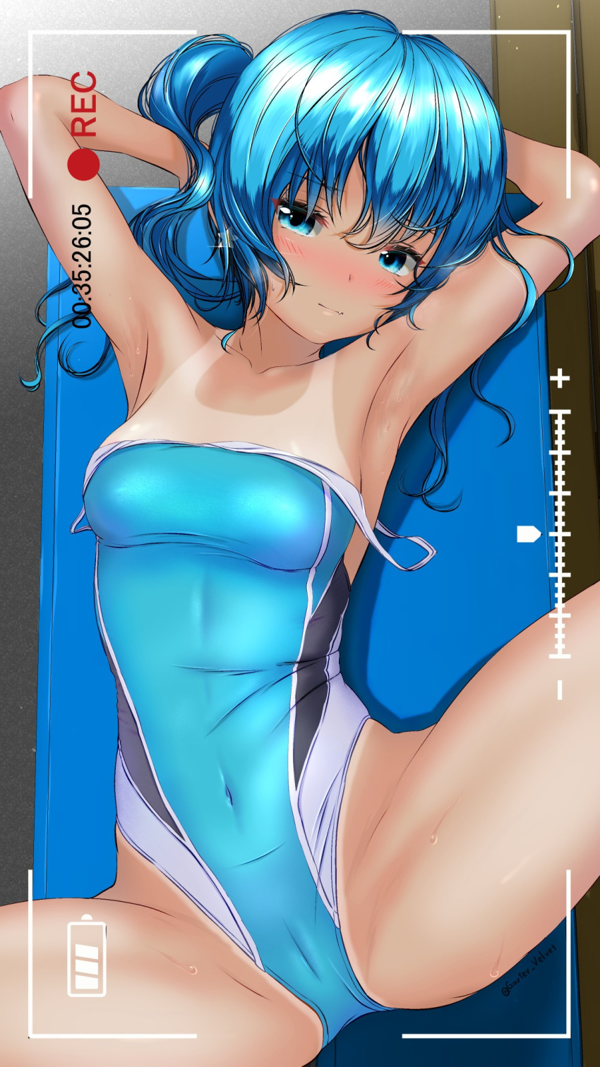 1girl aigami_kaon armpits bed blue_eyes blue_hair blue_swimsuit breasts clothes_pull commentary_request competition_swimsuit covered_navel cowboy_shot garter-velvet highleg highleg_swimsuit highres looking_at_viewer lying medium_breasts multicolored_clothes multicolored_swimsuit one-piece_swimsuit one-piece_tan original pov recording solo swimsuit swimsuit_pull tan tanlines viewfinder